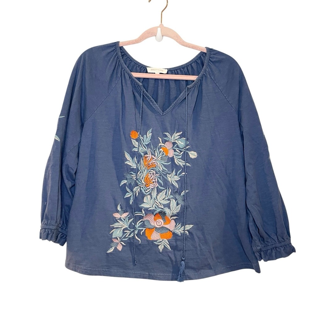 Solitaire Embroidered Floral Boho Peasant Top Cottagecore Blue Tassel Puff Slv M